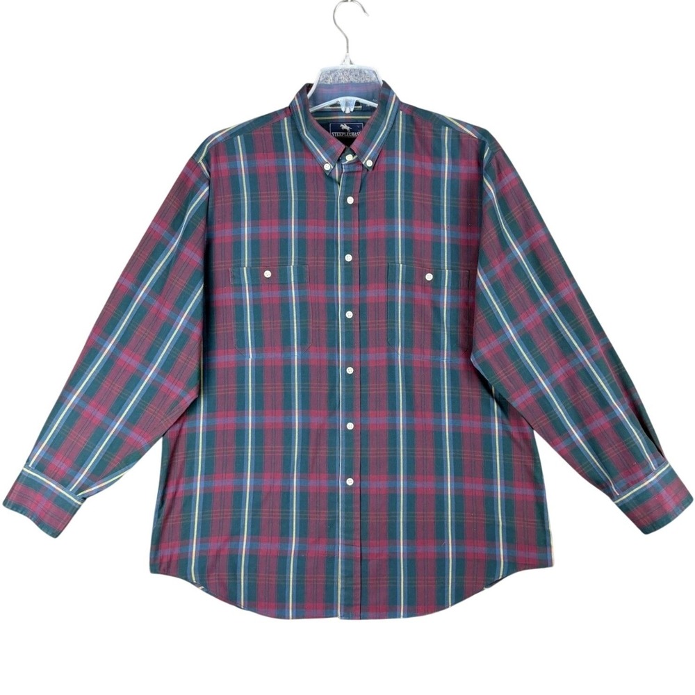 Vtg Steeplechase Men's L Plaid Button Down Shirt Green Burgundy Long Sleeve Work